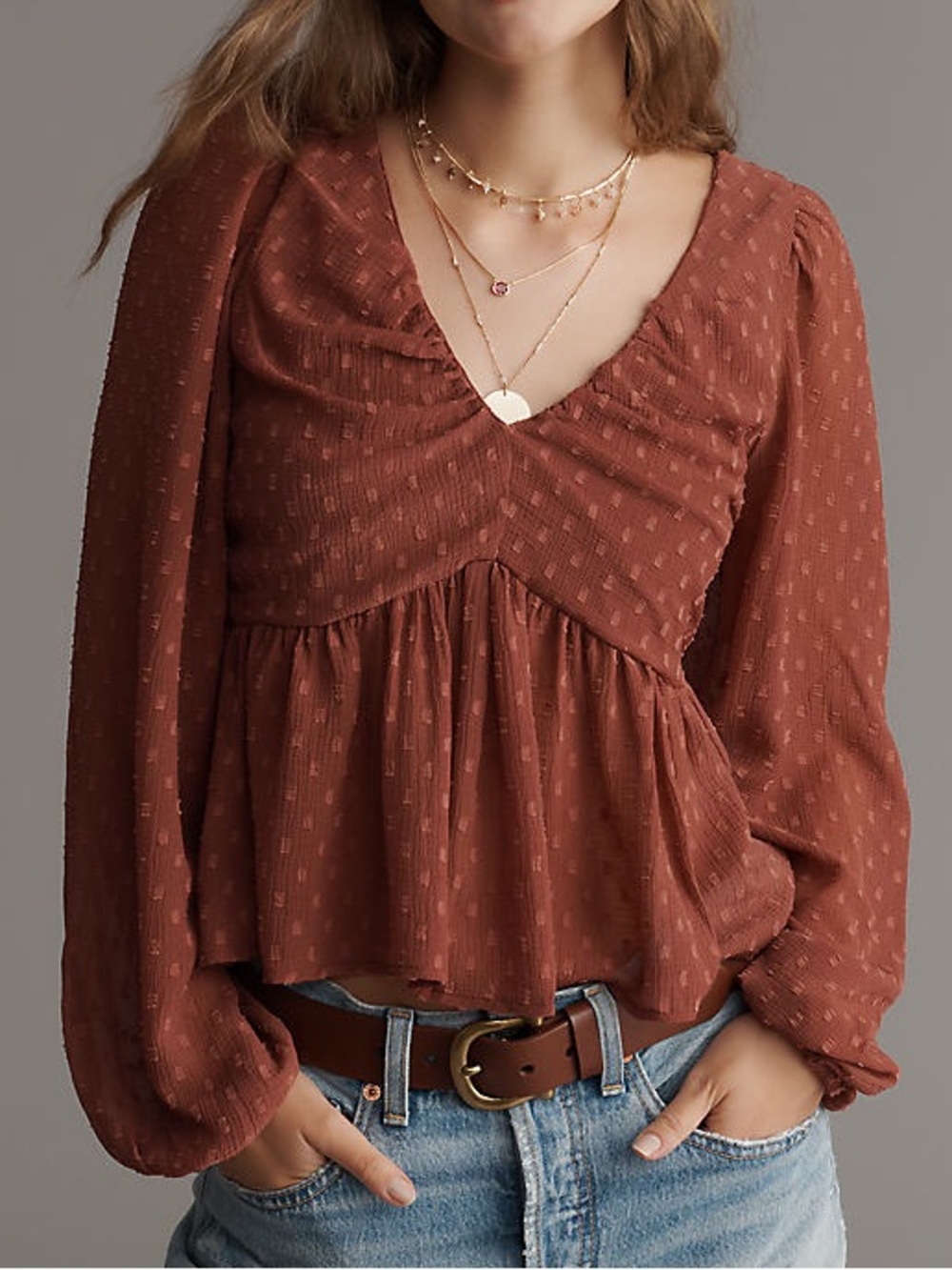 Anthropologie Peplum Blouse in Rust Long Sleeve Semi-Sheer size Large NEW